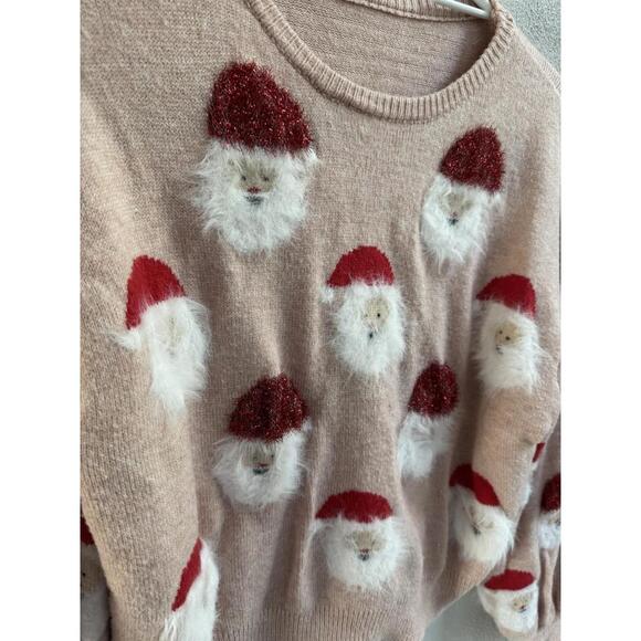 Santa sweater sz M bubble sleeves ugly Christmas holiday Pink Cozy Winter - Picture 3 of 8